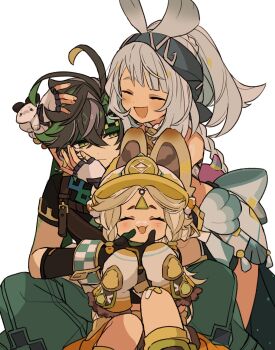 Rule 34 | 1boy, 2girls, :3, :d, ^ ^, bare shoulders, black hair, blonde hair, blue hairband, blush, cheek pinching, closed eyes, genshin impact, green headband, grey hair, hairband, hat, headband, highres, iwashi (iwashi008), kachina (genshin impact), kinich (genshin impact), medium hair, mittens, mualani (genshin impact), multiple girls, open mouth, pinching, simple background, sitting, smile, white background, yellow hat