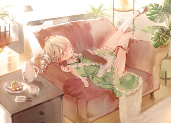 1girl apron black_shoes bloomers blush cabinet commentary_request contrast_collar couch cup dress drill_hair food frilled_apron frilled_dress frilled_thigh_strap frills full_body garter_straps green_dress grey_hair hand_on_own_chest highres holding holding_tray indoors leg_up looking_at_viewer lying maid maid_apron mary_janes medium_hair moca12323556 neck_ribbon on_back on_couch open_mouth original plant plate potted_plant puffy_short_sleeves puffy_sleeves purple_eyes red_ribbon ribbon shoes short_dress short_sleeves sidelighting solo sweets tea teacup teapot thigh_strap thighhighs tray twin_drills underwear white_apron white_bloomers white_thighhighs