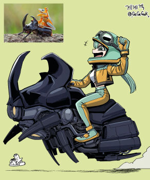 1girl arm_up artist_name artist_self-insert beetle bug creature_and_personification crop_top cropped_jacket dust frog frog_girl gegegekman gloves goggles goggles_on_headwear green_background green_hair highres horizontal_pupils hover_bike insect jacket long_hair open_clothes open_jacket open_mouth original personification photo_inset reference_inset science_fiction shirt signature white_shirt