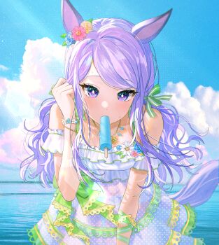 1girl alternate_costume alternate_hairstyle animal_ears blush commentary_request food food_in_mouth fymrie hair_ornament horse_ears horse_girl jewelry long_hair looking_at_viewer mejiro_mcqueen_(ripple_fairlady)_(umamusume) mejiro_mcqueen_(umamusume) necklace ocean popsicle purple_hair sky summer swimsuit twintails umamusume