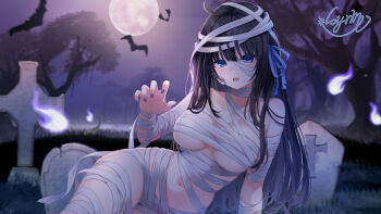 1girl ahoge arm_support artist_name bandage_on_hair bandaged_chest bandaged_head bandaged_leg bandaged_torso bandages bare_shoulders bat_(animal) black_hair blue_eyes blue_nails breasts claw_pose collarbone commentary_request full_moon gauze gauze_on_cheek grass hair_ribbon halloween_costume highres indie_virtual_youtuber large_breasts long_hair looking_at_viewer moon mummy_costume nail_polish naked_bandage navel night on_ground open_mouth otosaki_rita outdoors revealing_clothes ribbon sidelocks signature sitting solo teeth tombstone tree upper_teeth_only variant_set very_long_hair virtual_youtuber will-o&#039;-the-wisp_(mythology) yunagi_(arukumaruta)