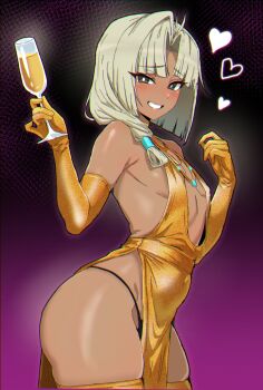 1boy bare_shoulders blonde_hair commentary cowboy_shot crossdressing crossdressing_(mtf) cup dark-skinned_male dark_skin dress drinking_glass elbow_gloves english_commentary fate/grand_order fate_(series) gloves gradient_background heart highres holding holding_cup jewelry looking_at_viewer male_focus necklace nervous_smile orange_dress orange_gloves parted_bangs revealing_clothes smile solo thighhighs trap tutankhamun_(fate) zanegoodell