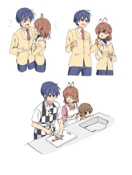 1boy 2girls antenna_hair apron blue_hair blue_pants blue_skirt brown_hair checkered_apron checkered_clothes clannad collared_shirt cowboy_shot cutting_board dress_shirt emu_shido family father_and_daughter furukawa_nagisa highres hikarizaka_private_high_school_uniform husband_and_wife jacket knife mother_and_daughter multiple_girls multiple_views neckerchief okazaki_tomoya okazaki_ushio pants red_neckerchief sailor_collar school_uniform shirt sink skirt white_sailor_collar white_shirt yellow_jacket