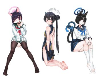 3girls :| absurdres adapted_costume animal_ears arms_behind_back bare_legs barefoot between_legs black_choker black_dress black_eyes black_gloves black_hair black_nails black_pantyhose black_sailor_collar blue_archive blue_halo blue_neckerchief blunt_bangs blunt_ends blush bob_cut breasts bright_pupils butterfly_hair_ornament cat_ears cat_girl cat_tail china_dress chinese_clothes choker closed_mouth colored_inner_hair commentary dragon_print dress extra_ears feet full_body gloves green_sailor_collar grey_eyes grey_halo hair_behind_ear hair_bun hair_ornament hairclip halo hand_between_legs hand_up hands_on_own_knees head_tilt highres invisible_chair kazusa_(blue_archive) kikyou_(blue_archive) kisaki_(blue_archive) kneehighs kneeling legs legs_together light_frown long_hair long_sleeves looking_at_viewer looking_back multicolored_hair multiple_girls multiple_tails nail_polish neckerchief no_shoes panties pantyhose parted_lips pelvic_curtain pink_hair pink_halo pink_neckerchief print_dress red_eyes sailor_collar school_uniform serafuku shangdi_de_fa_zhang shirt short_hair simple_background sitting skirt sleeveless sleeveless_dress small_breasts smile smirk socks soles straight_hair symbol-only_commentary tail tail_raised thighs toes twintails two-tone_hair two_tails underwear v-shaped_eyebrows v_arms very_long_hair white_background white_panties white_pupils white_serafuku white_shirt white_skirt white_socks