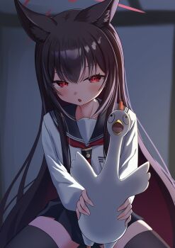 1girl absurdres black_hair black_thighhighs blue_archive blue_sailor_collar blue_skirt blush colored_inner_hair commentary doll halo highres holding holding_doll long_hair long_sleeves multicolored_hair neckerchief open_mouth panda_90321 red_eyes red_hair red_halo red_neckerchief sailor_collar school_uniform serafuku shirt skirt solo stuffed_animal stuffed_toy thighhighs two-tone_hair very_long_hair white_shirt yukino_(blue_archive)