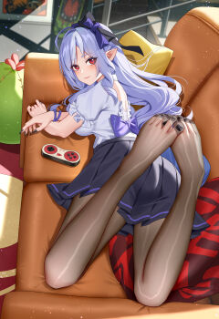 1girl absurdres alternate_costume ass back black_nails black_pantyhose blush bow breasts chinese_commentary closed_mouth commentary controller couch fingernails from_behind full_body game_controller hair_bow highres indoors large_breasts long_fingernails long_hair looking_at_viewer looking_back lying median_furrow nail_polish no_shoes on_couch on_stomach pantyhose pointy_ears purple_bow purple_hair purple_skirt red_eyes shirt sidelocks skirt smile solo the_pose toenail_polish toenails variant_set very_long_hair vivian_banshee white_shirt wu_ganlan_cai zenless_zone_zero