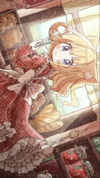 Rule 34 | 1girl, animal ear fluff, animal ears, apron, baguette, blonde hair, blue eyes, blush, bread, cat ears, cat girl, commentary, dress, food, frilled apron, frilled dress, frills, indoors, jam, jar, long sleeves, looking at viewer, neko satou, one side up, open mouth, original, plaid clothes, plaid dress, pretzel, red dress, short hair, solo, symbol-only commentary, upper body, white apron