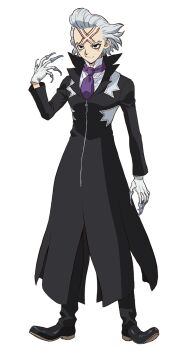 1boy black_coat claws coat dr._stone full_body gloves grey_hair hair_slicked_back highres iwasa_yuuko long_sleeves male_focus necktie official_art purple_necktie scar scar_on_face scar_on_forehead short_hair simple_background smile solo standing white_background white_gloves xeno_(dr.stone)