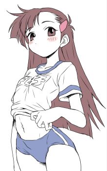 1girl blush buruma clothes_writing cowboy_shot gym_shirt gym_uniform hair_ornament hairclip highres long_hair looking_at_viewer navel original oyatsu_(mk2) shirt short_sleeves simple_background solo standing white_background white_shirt