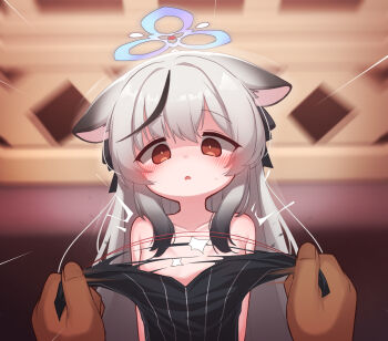 1boy 1girl animal_ears black_dress black_hair blue_archive blush breasts collarbone colored_tips dark-skinned_male dark_skin dress expressionless eyebrows_hidden_by_hair gradient_hair grey_hair hetero indoors kokona_(blue_archive) loli long_hair looking_at_viewer mochikushi multicolored_hair open_mouth orange_eyes pov pov_crotch sleeveless sleeveless_dress small_breasts solo_focus straight-on surprised tiger_ears tiger_girl torn_clothes torn_dress two-tone_hair upper_body variant_set very_dark_skin