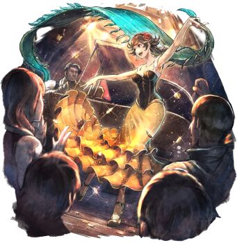 2girls 4boys agnea_bristarni brown_hair coin dancing dress earrings flower hair_flower hair_ornament indoors instrument jewelry multiple_boys multiple_girls octopath_traveler octopath_traveler:_champions_of_the_continent octopath_traveler_ii official_art piano