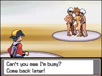 1girl 3boys abs animal_print animated animated_gif barefoot bikini black_swim_briefs breasts brown_hair bulge curvy dialogue_box erection erection_under_clothes ethan_(pokemon) french_kiss gameplay_mechanics goggles grabbing_another's_ass grabbing_another's_breast groping group_sex gym_leader handjob hetero kiss leopard_print leopard_print_bikini looping_animation male_swimwear masturbation misty_(pokemon) mmf_threesome multiple_boys navel nintendo npc_trainer penis_grab pixel_art pokemon pokemon_battle pokemon_hgss print_bikini smile strapless strapless_bikini surprised swim_briefs swim_cap swimmer_(pokemon) swimsuit threesome toned toned_male topless_male turtle_sausage turtle_soup user_interface wide_hips yellow_bikini