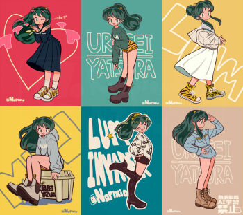 6+girls alternate_costume alternate_hairstyle animal_print artist_name black_footwear black_skirt blowing_kiss blue_hoodie blue_skirt blush_stickers boots brown_footwear character_name collage colorful cone_horns denim denim_shorts double_bun green_eyes green_hair green_sweater grey_footwear hair_bun hair_ornament hair_scrunchie heart high_heel_boots high_heels high_ponytail hood hoodie horns knee_boots leaning_back leaning_forward long_hair long_skirt looking_at_viewer loose_clothes lum miniskirt multiple_girls multiple_views neckerchief norixio one_eye_closed pleated_skirt ponytail print_footwear print_hoodie print_scrunchie print_shorts print_sweater school_uniform scrunchie shoes short_shorts shorts sitting skirt small_horns socks standing star_(symbol) striped_horns sweater tiger_print urusei_yatsura walking white_hoodie white_skirt white_socks yellow_horns yellow_neckerchief yellow_scrunchie yellow_shoes