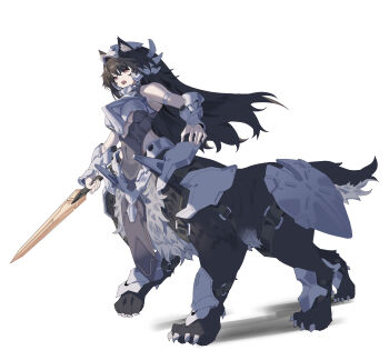 Rule 34 | 1girl, absurdres, animal ear fluff, animal ears, armlet, armor, bare shoulders, belt, black belt, black fur, black hair, black leotard, breasts, centauroid, claws, cleavage, covered navel, dog ears, dog tail, full body, hair between eyes, headgear, highres, jewelry, large breasts, leotard, long hair, monster girl, multiple legs, open mouth, original, red eyes, shadow, shin guards, sidelocks, simple background, solo, standing, standing on three legs, tail, taur, vambraces, white background, zhu fun