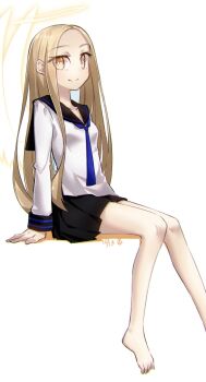 1girl angel_notes angel_wings barefoot black_sailor_collar black_skirt blonde_hair blush breasts commentary_request forehead halo highres long_hair long_sleeves looking_at_viewer necktie parted_bangs sailor_collar shirt sitting skirt small_breasts smile solo v/v white_shirt wings yellow_eyes yubeshi_(zecxl)