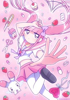 1girl angel_wings animal black_eyes black_shoes blunt_bangs boxcutter cake candy cherry choker drink_carton ezaki_bisuko floating_hair food fruit heart hexagram highres jewelry jitome lollipop long_hair marshmallow menhera-chan_(ezaki_bisuko) menhera-chan_(ezaki_bisuko)_(character) midriff_peek milk_carton necklace outer_glow outstretched_hand pill pink_background pink_hair pink_sailor_collar pink_skirt pink_theme pleated_skirt purple_choker rabbit reaching reaching_towards_viewer sailor_collar school_uniform scissors serafuku shoes sidelocks skirt sparkle star_of_david strawberry strawberry_milk thighhighs twintails usatan_(ezaki_bisuko) white_serafuku white_thighhighs wings