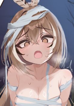 1girl absurdres bandaged_head bandages black_streaks breasts brown_eyes brown_hair cleavage commentary english_commentary feathered_wings highres hololive hololive_english large_breasts long_hair looking_at_viewer lucien_000298 mummy_costume nanashi_mumei night open_mouth outdoors solo sweat virtual_youtuber white_streaks wings