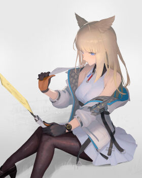 1girl absurdres animal_ears arknights arknights:_endfield bare_shoulders bird_ears bird_girl black_gloves black_pantyhose blonde_hair blue_eyes breasts commentary_request dress feet_out_of_frame gloves highres holding holding_wand invisible_floor jacket long_hair off_shoulder open_clothes open_jacket pantyhose perlica_(arknights) shigma simple_background sitting sleeveless sleeveless_dress small_breasts solo wand white_background white_dress white_jacket