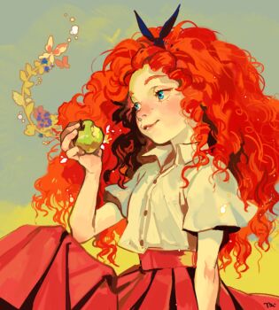 1girl blue_eyes brave_(pixar) bug butterfly coida commentary curly_hair food freckles fruit holding holding_food holding_fruit insect long_hair merida_(brave) orange_hair red_skirt shirt short_sleeves skirt smile solo white_shirt