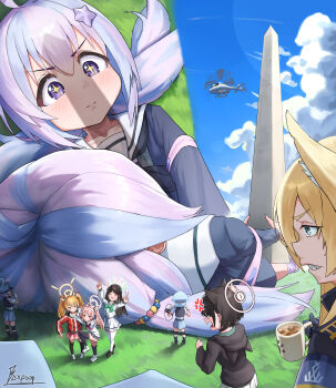 6+girls absurdres ahoge aircraft airi_(blue_archive) anger_vein angry animal_ear_fluff animal_ears artist_name black_hair black_jacket black_skirt black_thighhighs blonde_hair blue_archive blue_eyes blue_hair blue_halo blue_skirt blue_sky brown_hair cardigan cat_ears closed_eyes cloud coffee_mug cup dog_ears dog_girl extra_ears giant giantess hair_over_one_eye halo hat helicopter high_school_girls_posing_for_google_street_view_(meme) highres holding holding_cup hood hood_down hooded_jacket jacket kanna_(blue_archive) kazusa_(blue_archive) long_hair long_sleeves mug multicolored_hair multiple_girls natsu_(blue_archive) open_mouth outdoors penis_shadow pink_hair pink_halo pleated_skirt police police_hat police_uniform policewoman poopman red_eyes red_jacket reisa_(blue_archive) riot_shield school_uniform sexually_suggestive sharp_teeth shield short_hair side_ponytail signature skirt sky smile teeth thighhighs twintails valkyrie_police_academy_student_(sg)_(blue_archive) white_cardigan white_thighhighs yellow_halo yoshimi_(blue_archive)