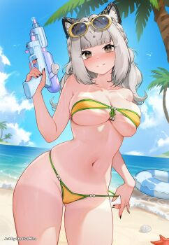 1girl animal_ears beach bikini blue_sky blunt_bangs blush braid breasts brown_eyes collarbone commentary commission cowboy_shot day english_commentary frilled_innertube frills grey_hair hand_up highres holding holding_water_gun indie_virtual_youtuber innertube large_breasts long_hair looking_at_viewer micro_bikini momochan_(vtuber) navel outdoors palm_tree parted_lips second-party_source sky smile solo stealcoffins stomach swim_ring swimsuit tan tanline tree virtual_youtuber water_gun ych_commission yellow_bikini