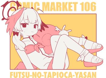 1girl bikini blue_archive bow circle_name closed_mouth comiket_106 commentary_request feathered_wings futapi hair_bow halo head_wings highres holding koharu_(blue_archive) koharu_(swimsuit)_(blue_archive) looking_at_viewer low_twintails romaji_text sandals simple_background solo sweat swimsuit twintails wings