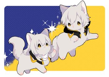 1boy 1girl animal animal_ears animal_nose animalization bandana black_coat black_jacket blue_background border caelus_(honkai:_star_rail) cat cat_ears cat_tail closed_mouth coat commentary_request dual_persona flying full_body grey_fur grey_hair hair_between_eyes highres honkai:_star_rail honkai_(series) hood hooded_coat jacket long_hair looking_at_another nasuka_gee open_clothes open_coat open_jacket outside_border polka_dot polka_dot_background short_hair sidelocks smile sparkle_background standing stelle_(honkai:_star_rail) tail trailblazer_(honkai:_star_rail) two-tone_background white_bandana white_border yellow_background yellow_eyes