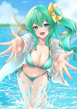 1girl absurdres barefoot bikini blue_eyes blue_sky blurry blurry_background bow breasts cloud collarbone commentary_request daiyousei day fairy fairy_wings green_bikini green_hair hair_bow highres kurosuzumabo large_breasts navel open_clothes open_mouth open_shirt outdoors outstretched_arms reaching reaching_towards_viewer shirt side-tie_bikini_bottom side_ponytail sky smile solo splashing standing standing_on_one_leg swimsuit touhou wading water white_shirt wings yellow_bow
