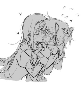 Rule 34 | 2girls, akemi homura, blush, closed eyes, commentary, flying sweatdrops, french kiss, greyscale, hand on another's shoulder, heart, juliet sleeves, k-nit, kaname madoka, kiss, long sleeves, mahou shoujo madoka magica, mahou shoujo madoka magica (anime), mitakihara school uniform, monochrome, multiple girls, puffy sleeves, school uniform, short twintails, sweat, tears, twintails, yuri