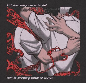 Rule 34 | 2boys, absurdres, bl0bfishnell, black hair, border, collared shirt, english text, hashtag-only commentary, highres, hikaru ga shinda natsu, hug, indou hikaru, male focus, multiple boys, open clothes, open shirt, scar, scar on arm, shirt, short hair, short sleeves, tsujinaka yoshiki, upper body, white hair, white shirt