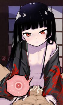 1boy 1girl absurdres artist_logo bad_tag black_hair black_kimono blush breasts clitoral_hood clitoris closed_mouth collarbone commission cowgirl_position cum cum_in_pussy elementary_(lolipope) enma_ai fertilization flat_chest flower flower_print girl_on_top half-closed_eyes hands_on_another&#039;s_chest happy happy_sex highres hime_cut impregnation japanese_clothes jigoku_shoujo kimono lips logo loli long_hair looking_at_viewer older_male_and_younger_female open_clothes open_kimono ovum pixiv_commission pov pussy pussy_juice red_eyes ribs screen_door sex small_breasts smile sperm_cell spider_lily straddling straight_hair vaginal visible_ribs