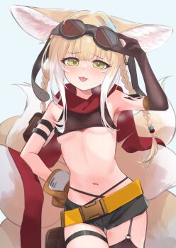 1girl absurdres animal_ears arknights arm_up asymmetrical_gloves bare_shoulders black_shorts blonde_hair blue_background blush braid breasts brown_gloves commentary cowboy_shot crop_top elbow_gloves gloves goggles goggles_on_head green_eyes highres loli long_hair looking_at_viewer material_growth mismatched_gloves multiple_tails navel o-ring official_alternate_costume oripathy_lesion_(arknights) paid_reward_available red_scarf scarf short_shorts shorts simple_background single_elbow_glove sleeveless small_breasts smile solo standing suzuran_(arknights) suzuran_(lostlands_flowering)_(arknights) tail thigh_strap tongue tongue_out twin_braids uneven_gloves white_hair white_tail yakurope-moko yellow_gloves yellow_tail