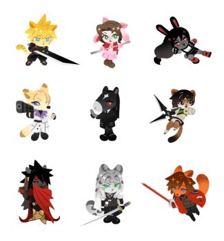 3girls 6+boys aerith_gainsborough aiming animal_earrings animal_ears animalization armor armored_boots bat_boy bat_ears black_coat black_pants black_skirt blue_eyes boots brown_boots brown_eyes buster_sword cat_boy cat_ears cat_tail chest_strap chibi chibi_only cloak cloud_strife coat crisis_core:_final_fantasy_vii crop_top dress fighting_stance final_fantasy final_fantasy_vii fingerless_gloves fox_boy fox_ears fox_tail furry furry_female furry_male genesis_rhapsodos gloves green_eyes green_shirt gun hair_over_one_eye handgun headband holding holding_gun holding_shuriken holding_staff holding_sword holding_weapon horse_boy horse_ears jacket long_coat long_hair low-tied_long_hair materia midriff miniskirt multiple_boys multiple_girls pai_jingguan pants parted_bangs pauldrons pink_dress pleated_skirt rabbit_ears rabbit_girl rabbit_tail red_boots red_cloak red_coat red_eyes red_headband red_jacket rufus_shinra sephiroth shirt short_hair shorts shoulder_armor shuriken skirt slit_pupils smile snow_leopard_boy snow_leopard_ears snow_leopard_tail spiked_hair staff sword tail tifa_lockhart tseng vincent_valentine weapon white_background white_coat white_shirt yuffie_kisaragi