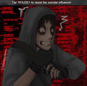 1boy bag bags_under_eyes beard_stubble black_eyes black_gloves black_hair clenched_teeth commentary cry_of_fear crying crying_with_eyes_open english_commentary english_text facial_hair fingerless_gloves gloves grey_hoodie gun_to_chin gun_to_head highres hood hood_up hoodie imminent_suicide lisleepyam looking_at_object male_focus motion_lines red_background self-harm_scar short_hair shoulder_bag simon_henriksson solo stubble tears teeth text_background upper_body