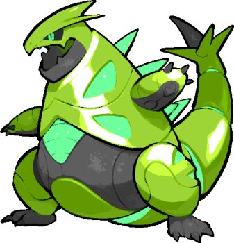 black_sclera colored_sclera commentary_request fangs full_body green_eyes iron_thorns kawaanago lowres nintendo no_humans non-humanoid_robot open_mouth pokemon pokemon_(creature) pokemon_focus robot skin_fangs slit_pupils solo standing transparent_background v-shaped_eyes