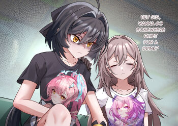 Rule 34 | 2girls, aemeath (wuthering waves), ahoge, alternate language, black garter straps, black hair, black shoes, breasts, character print, closed eyes, commentary, cyrene (demiurge) (honkai: star rail), cyrene (honkai: star rail), english commentary, english text, female rover (wuthering waves), garter straps, grey hair, hand on another's shoulder, highres, honkai: star rail, honkai (series), large breasts, long hair, medium breasts, multiple girls, partially shaded face, rover (wuthering waves), shirozaya, shirt, shoes, short hair, stelle (honkai: star rail), trailblazer (honkai: star rail), very long hair, white shirt, wuthering waves, yellow eyes