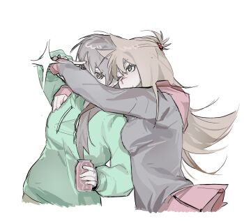 2girls animification black_hoodie breasts brown_hair can commentary couple cropped_legs drawstring drink drink_can eddsworld ell_(eddsworld) english_commentary giotletranly green_hoodie grey_eyes hair_bobbles hair_ears hair_ornament highres holding holding_can holding_drink hood hood_down hoodie hug long_hair long_sleeves medium_breasts multiple_girls official_alternate_costume one_eye_closed red_hood red_skirt selfie simple_background skirt soda_can topknot tori_(eddsworld) white_background yuri