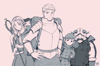 ambrosia_(dungeon_meshi) armor beard blonde_hair blue_robe brocollie chilchuck_tims dungeon_meshi dwarf elf facial_hair fake_horns halfling helmet highres horned_helmet horns izutsumi laios_touden long_beard marcille_donato mustache plate_armor pointy_ears robe senshi_(dungeon_meshi) short_hair thick_mustache very_long_beard