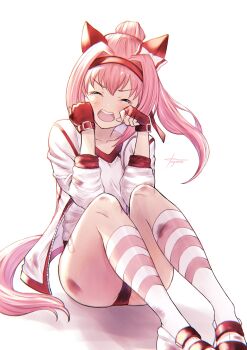 Rule 34 | 1girl, animal ears, bandaid, bandaid on leg, blush, bow, breasts, bruise, bruise on leg, buruma, closed eyes, collarbone, commentary request, ear covers, fingerless gloves, gloves, haru urara (bestest prize) (umamusume), haru urara (umamusume), headband, highres, horse ears, horse girl, horse tail, injury, jacket, long hair, mugen kageno, open clothes, open jacket, open mouth, pink buruma, pink hair, pink headband, ponytail, red buruma, red gloves, red headband, rubbing eyes, scratches, shirt, shoes, simple background, sitting, small breasts, socks, solo, striped clothes, striped socks, tail, teeth, umamusume, upper teeth only, white background, white jacket, white shirt