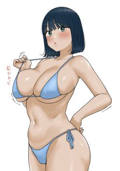 1girl absurdres adjusting_clothes adjusting_swimsuit aqua_eyes bikini blue_bikini blue_hair blush breasts cameltoe cleavage cowboy_shot hand_on_own_hip highres large_breasts medium_hair motion_lines navel original pursed_lips simple_background solo swimsuit tantanmen72 white_background