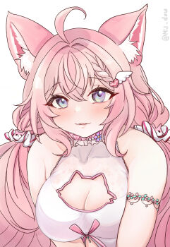 1girl ahoge animal_cutout animal_ears armlet bare_shoulders blue_eyes blush braid breasts camisole character_hair_ornament choker cleavage covered_collarbone frilled_choker frills gradient_eyes hair_between_eyes hair_ornament hair_scrunchie hairclip hakui_koyori hakui_koyori_(summer) heart heart_hair_ornament highres hololive jewelry kokoro_(hakui_koyori) large_breasts long_hair looking_at_viewer mairu_dou multicolored_eyes official_alternate_costume open_mouth pink_choker pink_hair pink_ribbon purple_eyes ribbon scrunchie simple_background smile solo twitter_username two-tone_choker virtual_youtuber white_background white_camisole white_choker white_scrunchie wing_hair_ornament wolf_ears wolf_girl