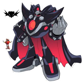 absurdres bald black_cape cape cyberlord1109 dr._eggman facial_hair full_body glasses gloves goggles highres joints mecha mechanization mr._dr._eggman mustache red_eyes robot robot_joints science_fiction sonic_(series) sonic_prime white_gloves