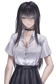 1girl alternate_hairstyle black_choker black_hair black_skirt bra_visible_through_clothes breasts brown_eyes button_gap choker closed_mouth earrings gradient_hair hair_between_eyes highres jewelry long_hair may_(ulularts) multicolored_hair original school_uniform shirt skirt smile solo thai_school_uniform ulularts white_background white_shirt