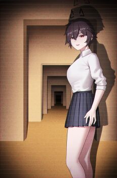 1girl :d absurdres backrooms_(creepypasta) black_hair breasts bright_pupils catherine_(sedai) commentary drawn_ears english_commentary hair_between_eyes hallway highres indoors large_breasts looking_at_viewer nervous_smile open_mouth original pleated_skirt red_eyes sedai shirt short_hair skirt sleeves_rolled_up smile solo standing white_shirt yellow_theme