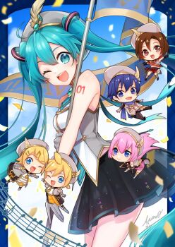2boys 4girls ahoge aqua_eyes aqua_hair aqua_trim arm_tattoo beret black_skirt blonde_hair blue_eyes blue_hair breasts brown_eyes brown_hair chibi comiket_96 flag fortissimo gloves grey_gloves grey_hat grey_shirt hair_between_eyes hair_ornament hat hatsune_miku highres holding holding_flag kagamine_len kagamine_rin kaito_(vocaloid) light_blush long_hair looking_at_viewer mamo_(fortune-mm) medium_breasts megurine_luka meiko_(vocaloid) multiple_boys multiple_girls musical_note musical_note_hair_ornament musical_staff number_tattoo one_eye_closed open_mouth pink_hair pleated_skirt purple_eyes shirt skirt sleeveless sleeveless_shirt smile tattoo twintails very_long_hair vocaloid