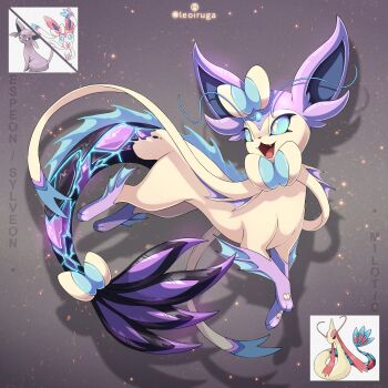 Rule 34 | antennae, blue eyes, bow, bright pupils, character name, commentary, english commentary, espeon, fangs, fins, forehead jewel, full body, fusion, gen 2 pokemon, gen 3 pokemon, gen 6 pokemon, glowing, glowing markings, highres, leoiruga, milotic, nintendo, no humans, official art inset, open mouth, pokemon, pokemon (creature), pokemon focus, shadow, smile, solo, sylveon, tail, twitter username, white pupils