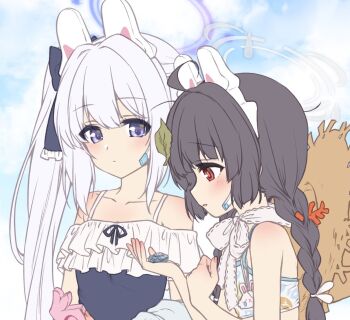 2girls ahoge animal_ears bare_shoulders bikini black_hair black_one-piece_swimsuit blue_archive blue_halo blunt_bangs blunt_ends blush braid breasts closed_mouth collarbone commentary_request day fake_animal_ears fingernails frilled_one-piece_swimsuit frills from_side grey_halo hair_intakes halo hands_up hat hat_on_back highres holding holding_rock kuroi_mimei leaf leaf_on_head leaf_print long_hair looking_at_object miyako_(blue_archive) miyako_(swimsuit)_(blue_archive) miyu_(blue_archive) miyu_(swimsuit)_(blue_archive) multiple_girls off-shoulder_one-piece_swimsuit off_shoulder official_alternate_costume official_alternate_hairstyle one-piece_swimsuit open_mouth outdoors print_bikini profile purple_eyes rabbit_ears red_eyes rock side_ponytail sidelocks small_breasts smile straight_hair straw_hat swimsuit twin_braids upper_body very_long_hair white_bikini white_hair