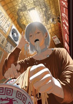 ai-generated_art_(topic) arrow_(symbol) bowl brown_eyes commentary dragon eating eraser extra_digits extra_hands eyeball food hand_in_own_hair highres holding holding_food indoors long_sleeves noodles original oshun220 pencil ramen round_eyewear short_hair solo white_hair