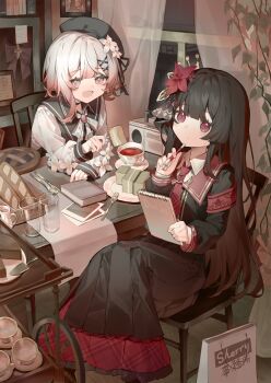 2girls armband black_choker black_dress black_hair black_hat bread cassette_player chair chinese_commentary choker commentary_request cup curtains dress fang flower food fork hair_flower hair_ornament hat highres holding holding_fork indoors long_hair long_sleeves mahou_shoujo_no_majo_saiban maidcode1023 medium_hair mixed-language_commentary multiple_girls nikaido_hiro pink_eyes red_eyes sakuraba_ema shirt sitting white_hair white_shirt