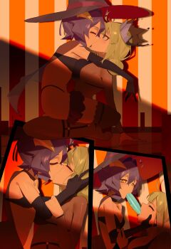 2girls absurdres bare_shoulders black_bra black_panties black_pantyhose black_thighhighs blonde_hair bra breasts character_request cleavage closed_eyes from_side hakhpu halloween_costume hat highleg highleg_panties highres hiiragi_utena kiss large_breasts looking_at_another mahou_shoujo_ni_akogarete multiple_girls multiple_views panties pantyhose purple_hair sitting sitting_on_person small_breasts thighhighs underwear witch_hat yellow_eyes